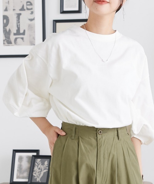 OMNES(オムネス)の「袖ボリューム5分袖Tシャツ(Tシャツ/カットソー・レディース・ホワイト/ライトグレー/ブラック/ピンク・FREE)」の5枚目の写真