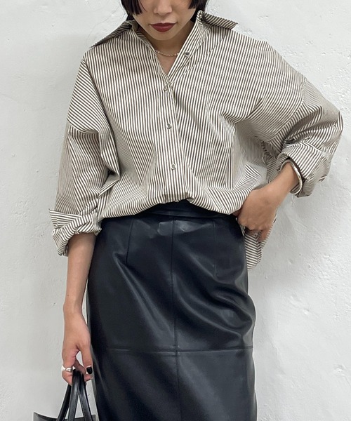 loungedress ラウンジドレス　バンドカラーストライプシャツ　ブラック LOUNGEDRESS（ラウンジドレス）の「バンドカラーストライプ