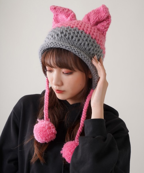 SPINNS（スピンズ）の「ボンボン付き ねこ耳 ニットキャップ（ニット