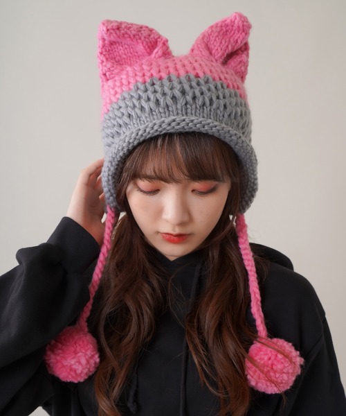 SPINNS（スピンズ）の「ボンボン付き ねこ耳 ニットキャップ（ニット