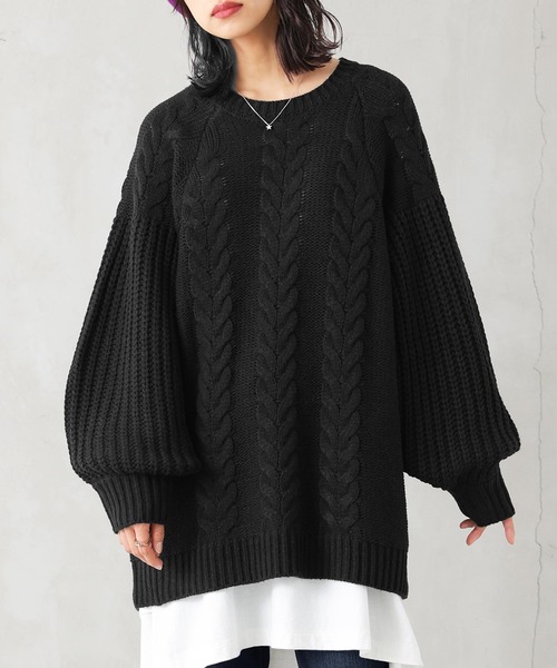 osharewalker（オシャレウォーカー）の「【廃盤】『ボリューム袖ケーブルチュニックニット』（ニット/セーター・レディース・テラコッタ/カーキ/ブラック・FREE）」の8枚目の写真