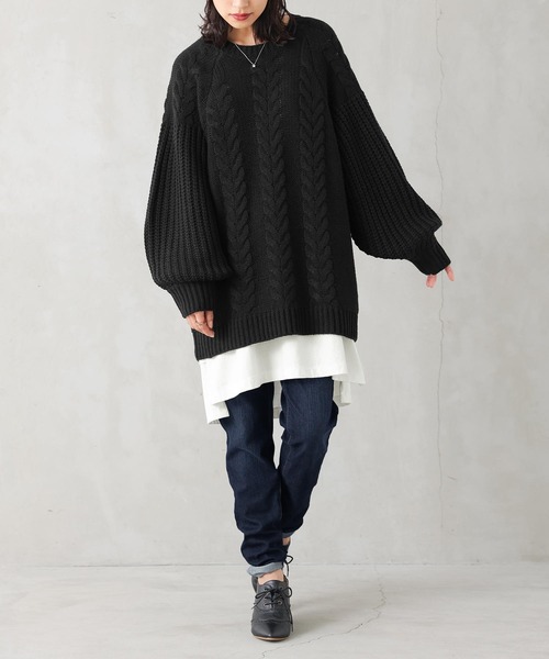 osharewalker（オシャレウォーカー）の「【廃盤】『ボリューム袖ケーブルチュニックニット』（ニット/セーター・レディース・テラコッタ/カーキ/ブラック・FREE）」の9枚目の写真