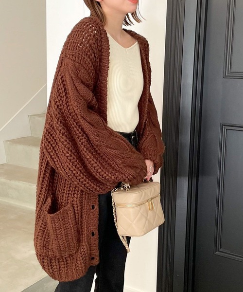 装飾的なパターンのブラウンカーディガン 147_ichi_yon_nana】クロシェットニットカーディガン｜小柄女性向け