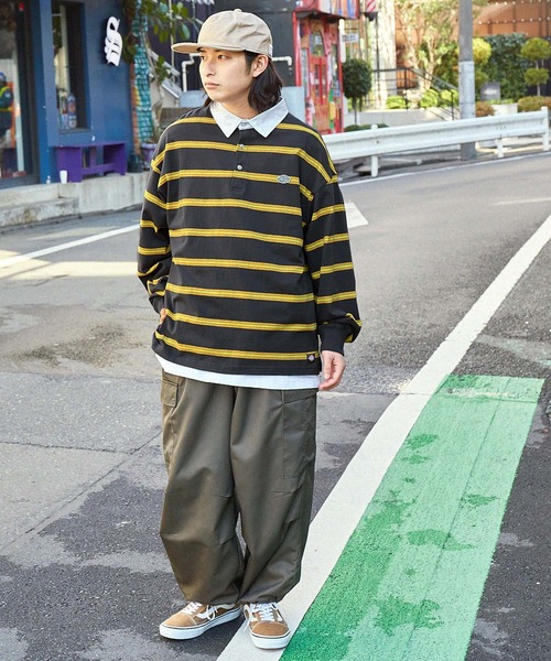 ミスターカートゥーン ボーンアンドレイズド ディッキーズ ラガーシャツ ボーダー Dickies/ディッキーズ ロゴ刺繍オーバーサイズラガーシャツ