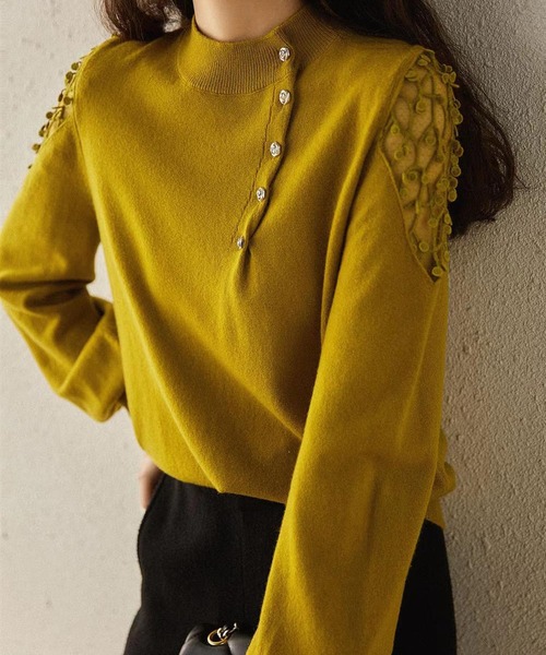 LOPASS（ロパス）の「レースショルダーニットトップス（ニット/セーター・レディース・ブラック/Mustard/ベージュ・M/L）」の3枚目の写真