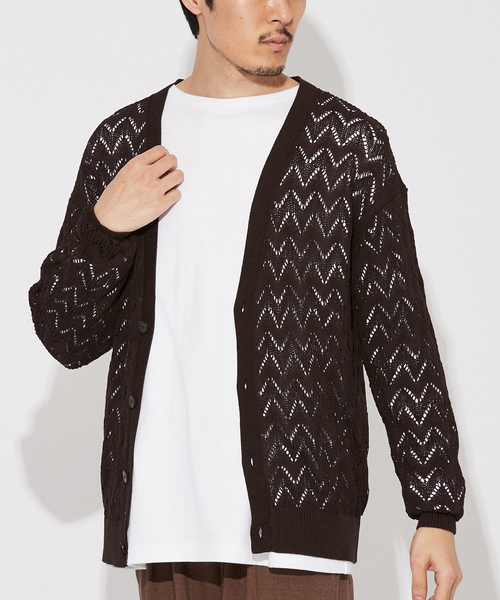 EDIFICE LA BOUCLE（エディフィスラブークル）の「【LA BOUCLE / ラブークル】Vネック カーディガン オープンワークニット（カーディガン/ボレロ・メンズ・ブラウン/ブラック/アイボリー・1/2）」の3枚目の写真
