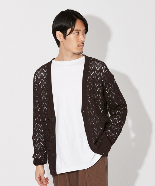 EDIFICE LA BOUCLE（エディフィスラブークル）の「【LA BOUCLE / ラブークル】Vネック カーディガン オープンワークニット（カーディガン/ボレロ・メンズ・ブラウン/ブラック/アイボリー・1/2）」の12枚目の写真