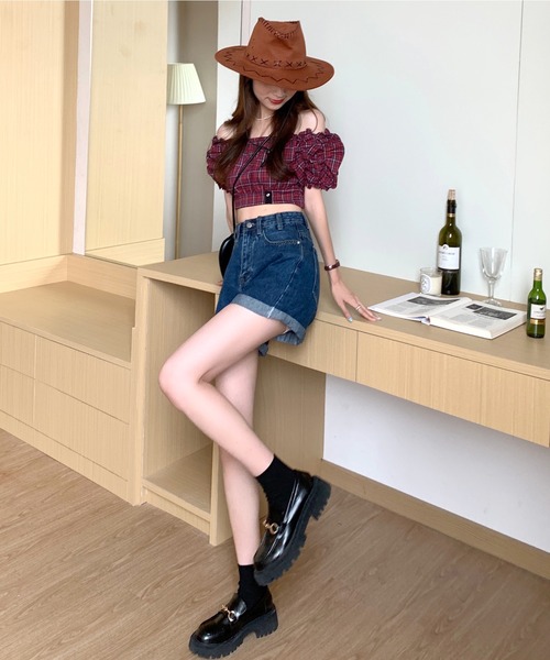 パンツ Jasmin セール】【Jasmine】ハイウエストAラインデニムショーツ（デニム