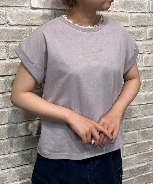 axes femme(アクシーズファム)の「接触冷感ラメ刺繍Tシャツ(Tシャツ/カットソー・レディース・ネイビー/オレンジ/キナリ/ラベンダー・FREE)」の3枚目の写真