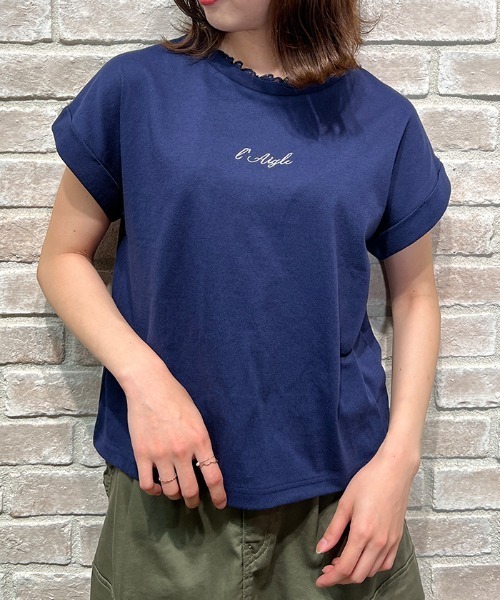 axes femme(アクシーズファム)の「接触冷感ラメ刺繍Tシャツ(Tシャツ/カットソー・レディース・ネイビー/オレンジ/キナリ/ラベンダー・FREE)」の2枚目の写真