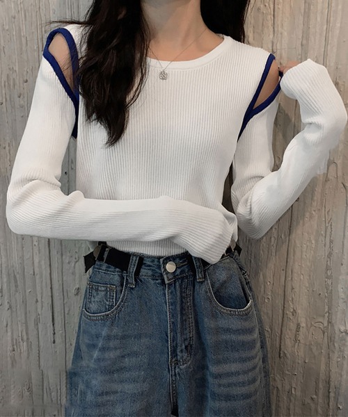 NinaetLina(ニナエリナ)の「肩開きリブニットソー(Tシャツ/カットソー・レディース・ホワイト/キャメル/ブラック/ブラウン/グリーン・FREE)」の1枚目の写真