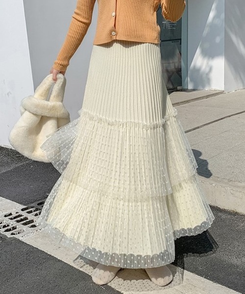 Chaco closet（チャコ クローゼット）の「ニットプリーツドットチュールティアードスカート（スカート・レディース・グレー/アイボリー/ブラック・FREE）」の2枚目の写真