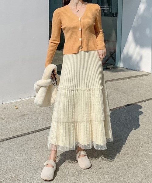 Chaco closet（チャコ クローゼット）の「ニットプリーツドットチュールティアードスカート（スカート・レディース・グレー/アイボリー/ブラック・FREE）」の8枚目の写真