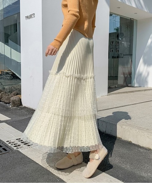 Chaco closet（チャコ クローゼット）の「ニットプリーツドットチュールティアードスカート（スカート・レディース・グレー/アイボリー/ブラック・FREE）」の6枚目の写真