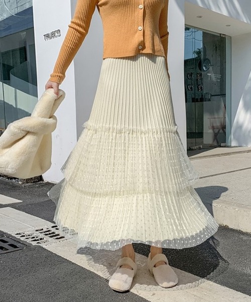 Chaco closet（チャコ クローゼット）の「ニットプリーツドットチュールティアードスカート（スカート・レディース・グレー/アイボリー/ブラック・FREE）」の5枚目の写真