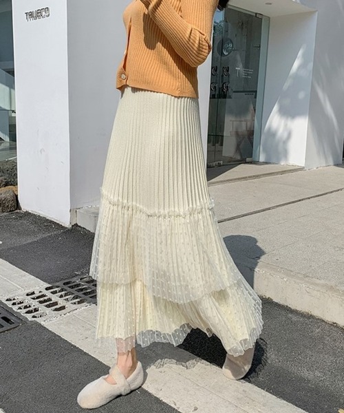 Chaco closet（チャコ クローゼット）の「ニットプリーツドットチュールティアードスカート（スカート・レディース・グレー/アイボリー/ブラック・FREE）」の12枚目の写真