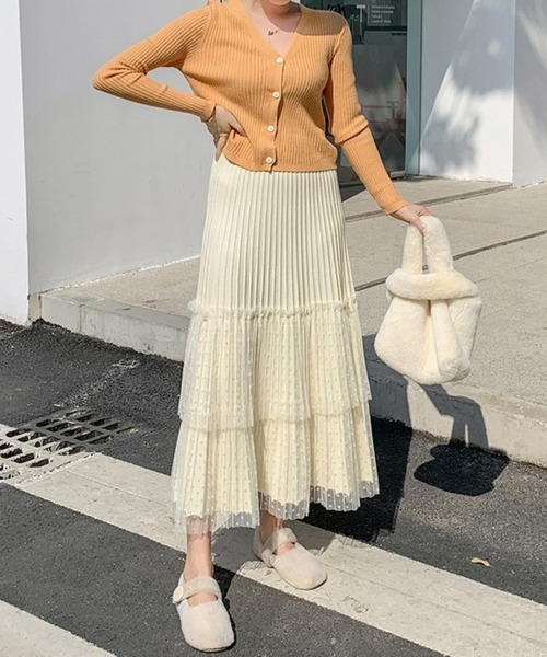 Chaco closet（チャコ クローゼット）の「ニットプリーツドットチュールティアードスカート（スカート・レディース・グレー/アイボリー/ブラック・FREE）」の10枚目の写真