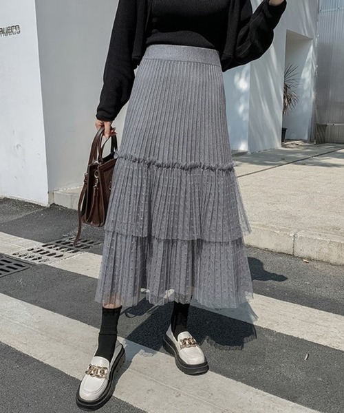 Chaco closet（チャコ クローゼット）の「ニットプリーツドットチュールティアードスカート（スカート・レディース・グレー/アイボリー/ブラック・FREE）」の22枚目の写真