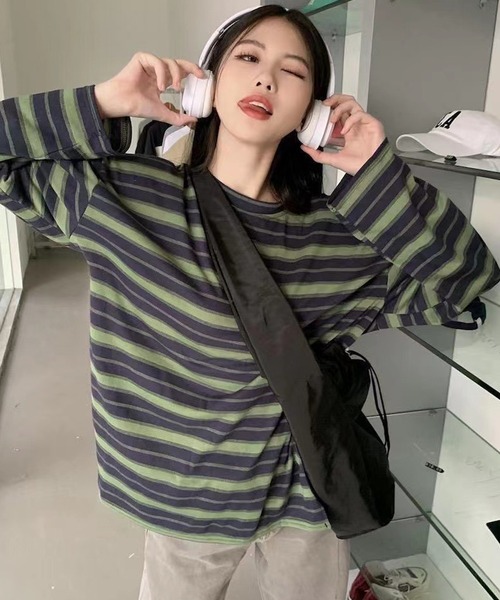 DEVICE（デバイス）の「マルチ ボーダー クルーネック オーバーサイズ ロンT カットソー（Tシャツ/カットソー・レディース・グリーン/オレンジ/ホワイト・FREE）」の2枚目の写真