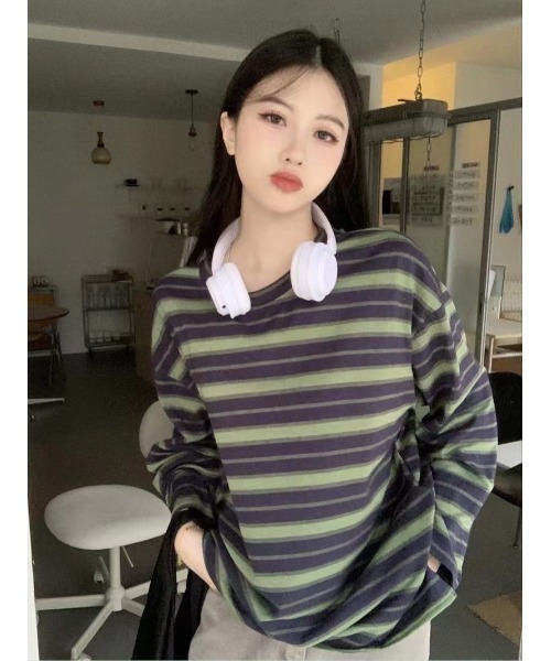 DEVICE（デバイス）の「マルチ ボーダー クルーネック オーバーサイズ ロンT カットソー（Tシャツ/カットソー・レディース・グリーン/オレンジ/ホワイト・FREE）」の18枚目の写真