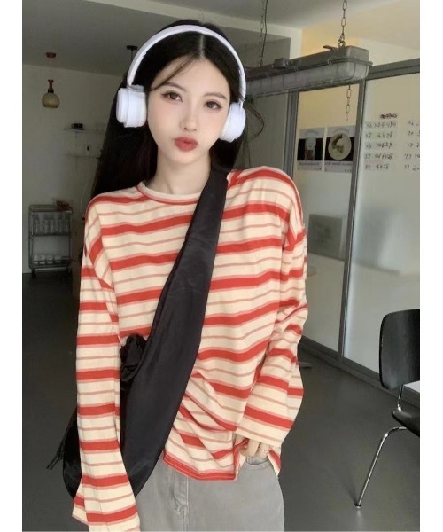 DEVICE（デバイス）の「マルチ ボーダー クルーネック オーバーサイズ ロンT カットソー（Tシャツ/カットソー・レディース・グリーン/オレンジ/ホワイト・FREE）」の22枚目の写真