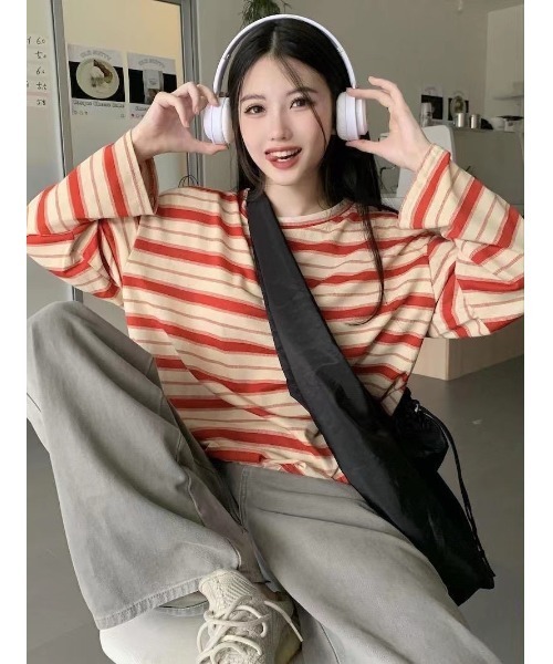 DEVICE（デバイス）の「マルチ ボーダー クルーネック オーバーサイズ ロンT カットソー（Tシャツ/カットソー・レディース・グリーン/オレンジ/ホワイト・FREE）」の20枚目の写真