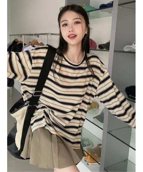 DEVICE（デバイス）の「マルチ ボーダー クルーネック オーバーサイズ ロンT カットソー（Tシャツ/カットソー・レディース・グリーン/オレンジ/ホワイト・FREE）」の7枚目の写真