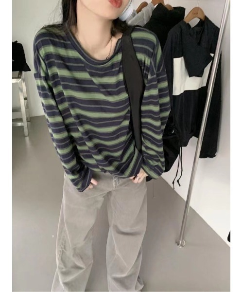 DEVICE（デバイス）の「マルチ ボーダー クルーネック オーバーサイズ ロンT カットソー（Tシャツ/カットソー・レディース・グリーン/オレンジ/ホワイト・FREE）」の19枚目の写真