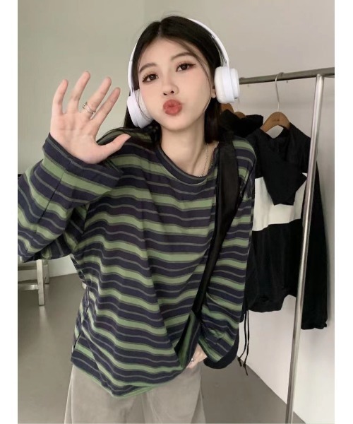 DEVICE（デバイス）の「マルチ ボーダー クルーネック オーバーサイズ ロンT カットソー（Tシャツ/カットソー・レディース・グリーン/オレンジ/ホワイト・FREE）」の17枚目の写真