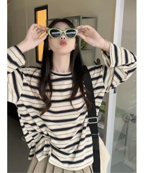 DEVICE（デバイス）の「マルチ ボーダー クルーネック オーバーサイズ ロンT カットソー（Tシャツ/カットソー・レディース・グリーン/オレンジ/ホワイト・FREE）」の6枚目の写真