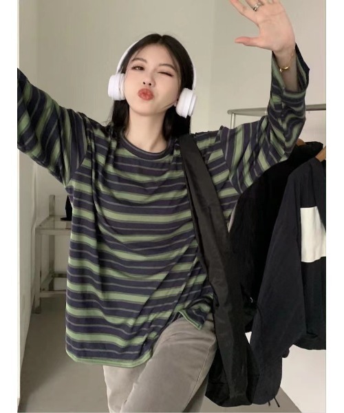 DEVICE（デバイス）の「マルチ ボーダー クルーネック オーバーサイズ ロンT カットソー（Tシャツ/カットソー・レディース・グリーン/オレンジ/ホワイト・FREE）」の15枚目の写真