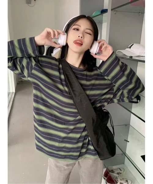 DEVICE（デバイス）の「マルチ ボーダー クルーネック オーバーサイズ ロンT カットソー（Tシャツ/カットソー・レディース・グリーン/オレンジ/ホワイト・FREE）」の13枚目の写真