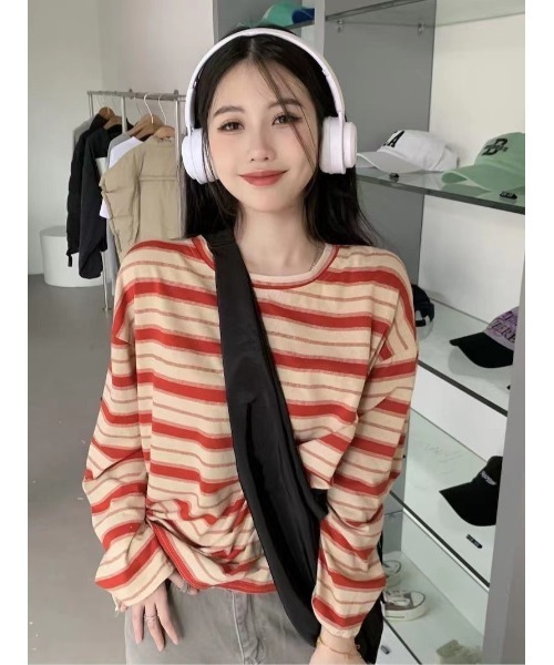 DEVICE（デバイス）の「マルチ ボーダー クルーネック オーバーサイズ ロンT カットソー（Tシャツ/カットソー・レディース・グリーン/オレンジ/ホワイト・FREE）」の4枚目の写真