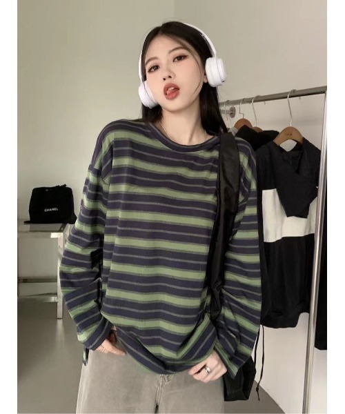 DEVICE（デバイス）の「マルチ ボーダー クルーネック オーバーサイズ ロンT カットソー（Tシャツ/カットソー・レディース・グリーン/オレンジ/ホワイト・FREE）」の16枚目の写真