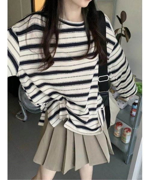 DEVICE（デバイス）の「マルチ ボーダー クルーネック オーバーサイズ ロンT カットソー（Tシャツ/カットソー・レディース・グリーン/オレンジ/ホワイト・FREE）」の11枚目の写真