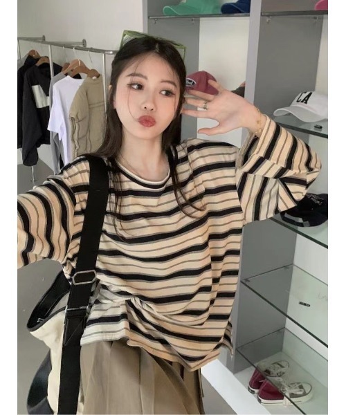 DEVICE（デバイス）の「マルチ ボーダー クルーネック オーバーサイズ ロンT カットソー（Tシャツ/カットソー・レディース・グリーン/オレンジ/ホワイト・FREE）」の9枚目の写真