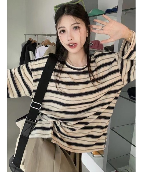 DEVICE（デバイス）の「マルチ ボーダー クルーネック オーバーサイズ ロンT カットソー（Tシャツ/カットソー・レディース・グリーン/オレンジ/ホワイト・FREE）」の8枚目の写真