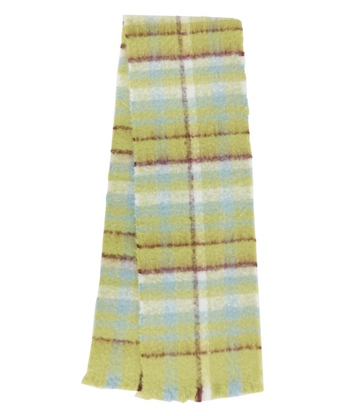 macocca(マコッカ)の「再生ポリエステル 太フリンジ ふわもこシャギーマフラー アクセントチェック柄(ストール/ショール・レディース・イエロー×グリーン/アイボリー/ブラウン・FREE)」の3枚目の写真