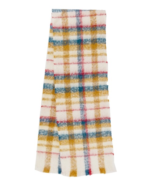 macocca(マコッカ)の「再生ポリエステル 太フリンジ ふわもこシャギーマフラー アクセントチェック柄(ストール/ショール・レディース・イエロー×グリーン/アイボリー/ブラウン・FREE)」の8枚目の写真