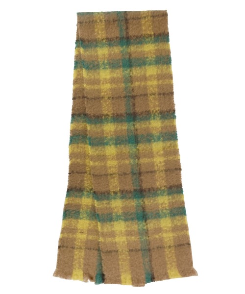 macocca(マコッカ)の「再生ポリエステル 太フリンジ ふわもこシャギーマフラー アクセントチェック柄(ストール/ショール・レディース・イエロー×グリーン/アイボリー/ブラウン・FREE)」の4枚目の写真