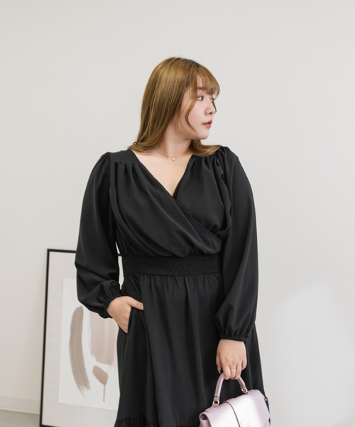 CLETTE(クレット)の「カシュクールギャザーワンピース(ワンピース・レディース・ブラック/ブルー/ピンク・LL/3L/4L)」の12枚目の写真