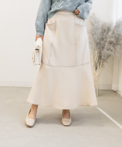 CLETTE(クレット)の「配色ステッチマーメイドスカート(スカート・レディース・チャコール/アイボリー/ブラック・LL/3L/4L)」の1枚目の写真