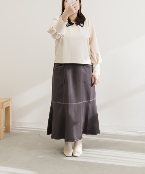 CLETTE(クレット)の「配色ステッチマーメイドスカート(スカート・レディース・チャコール/アイボリー/ブラック・LL/3L/4L)」の11枚目の写真