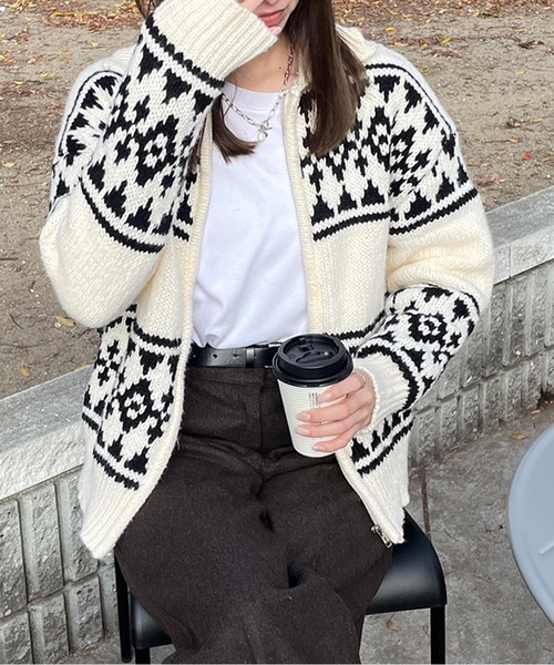 LE MORE（リモア）の「カウチンニットカーディガン（カーディガン/ボレロ・レディース・グレー/アイボリー・FREE）」の9枚目の写真