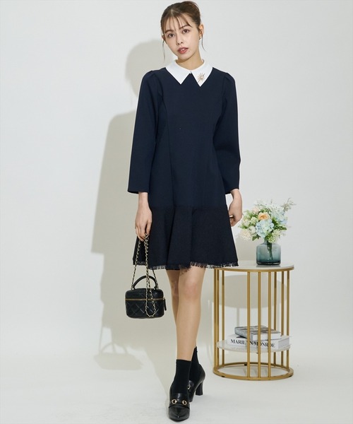 SWINGLE（スウィングル）の「ヘムツイード2WAYシャツカラーワンピース（ワンピース・レディース・ネイビー/ブラック/ライトベージュ・FREE）」の3枚目の写真