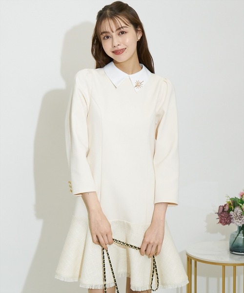 SWINGLE（スウィングル）の「ヘムツイード2WAYシャツカラーワンピース（ワンピース・レディース・ネイビー/ブラック/ライトベージュ・FREE）」の2枚目の写真