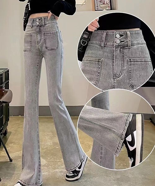 gossip!ロサンゼルス(ゴシップロサンゼルス)の「ダブルボタンハイウエスト フロントパッチポケット ストレッチフレアデニムパンツ(スラックス・レディース・グレー/ブルー/ブラック・S/M)」の8枚目の写真