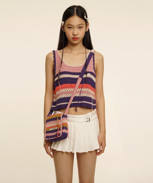 Moromoro2（モロモロ）の「マルチボーダー クロップド ニットタンクトップ BX4038【Moromoro2】（タンクトップ・レディース・アイボリー/グリーン/パープル・M/S）」の3枚目の写真