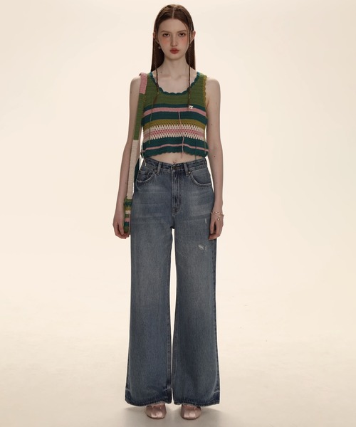 Moromoro2（モロモロ）の「マルチボーダー クロップド ニットタンクトップ BX4038【Moromoro2】（タンクトップ・レディース・アイボリー/グリーン/パープル・M/S）」の4枚目の写真