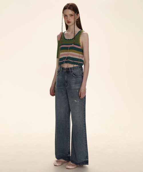 Moromoro2（モロモロ）の「マルチボーダー クロップド ニットタンクトップ BX4038【Moromoro2】（タンクトップ・レディース・アイボリー/グリーン/パープル・M/S）」の5枚目の写真